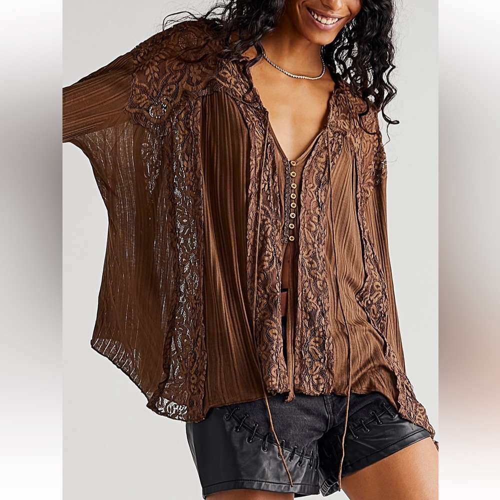 Free People Georgia Tunic Brown Lace Blouse